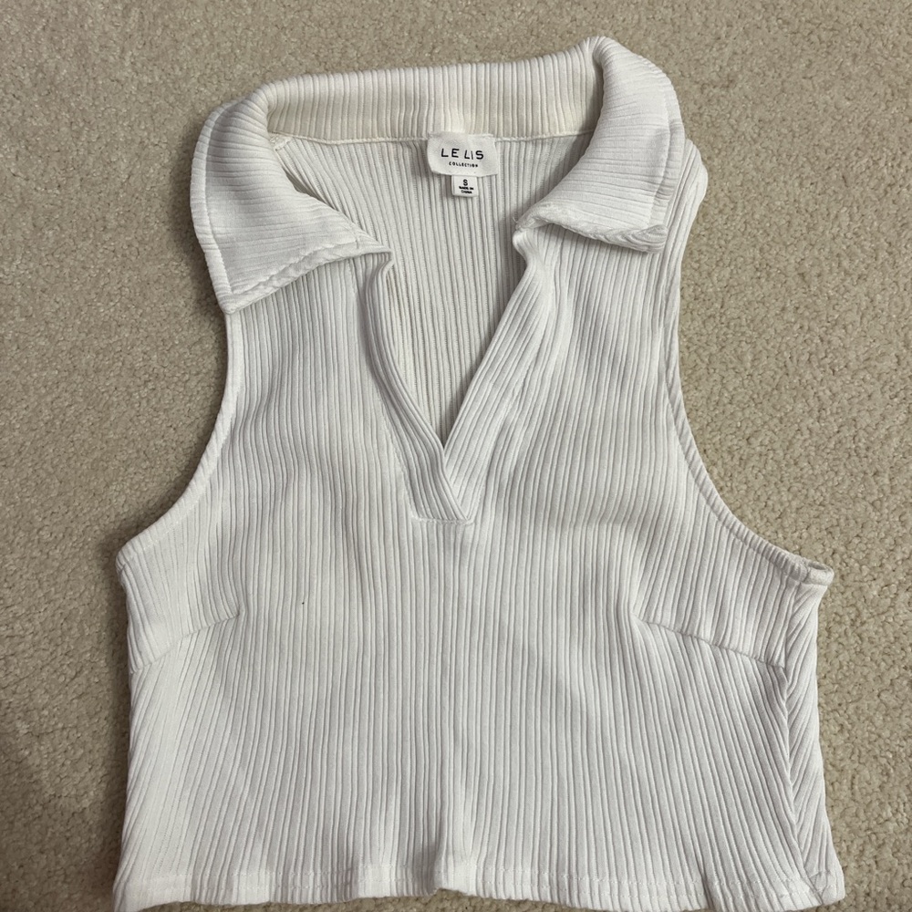 Le Lis White Ribbed Polo Crop Tank Top
